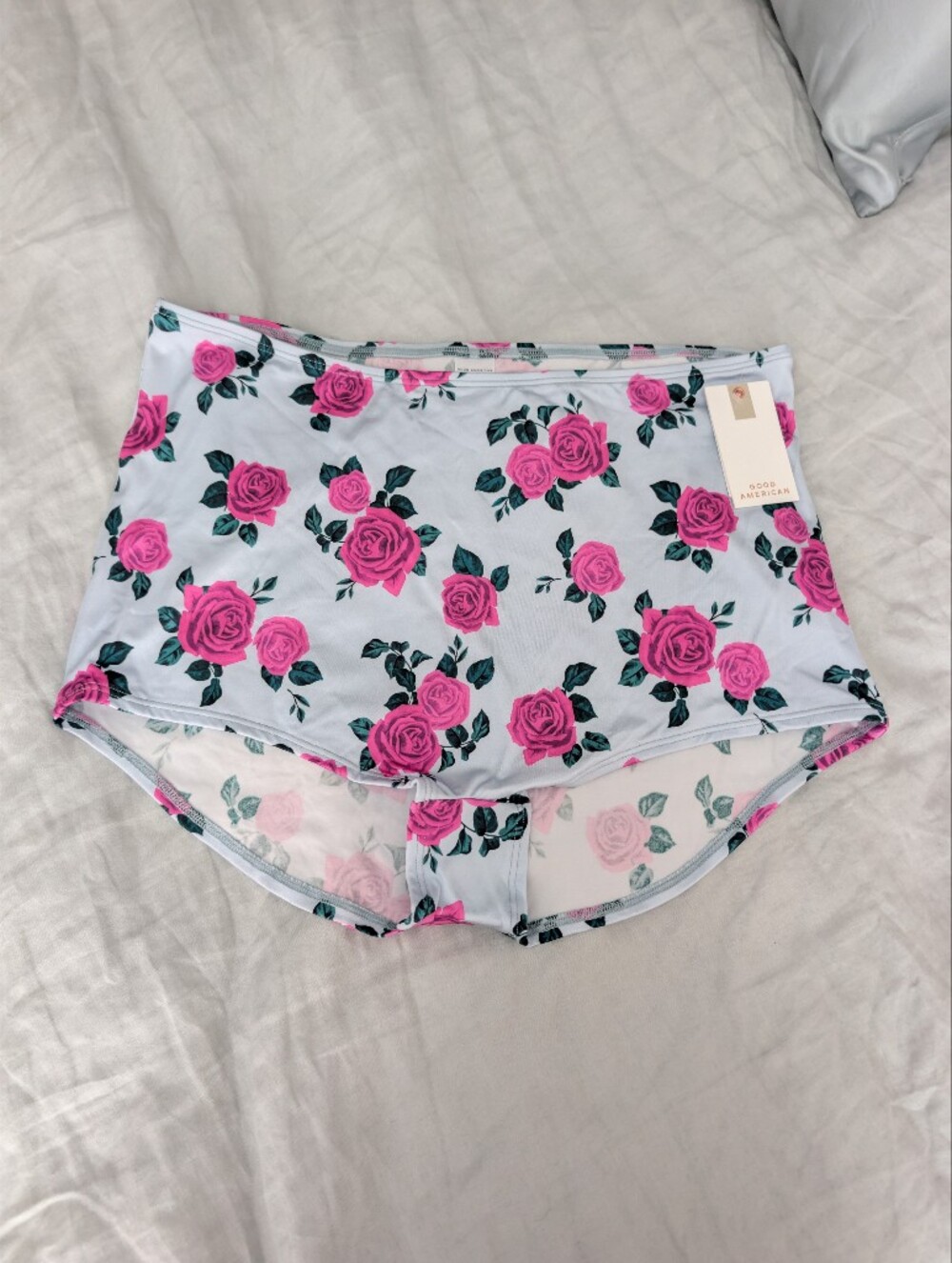 Good American Light Blue Bikini Bottoms with Pink Rose Print